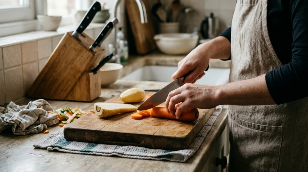 Home cook safely cutting a carrot on a stable board with chef and utility knives stored nearby.
