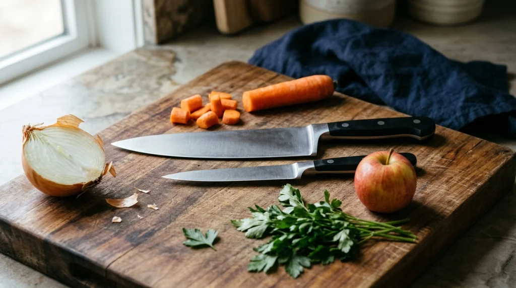Chef knife vs utility knife side by side on a wooden cutting board with fresh vegetables