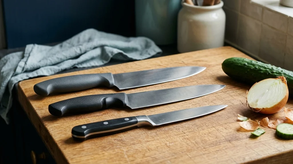 Beginner holding a chef's knife with a pinch grip over a cucumber on a cutting board.