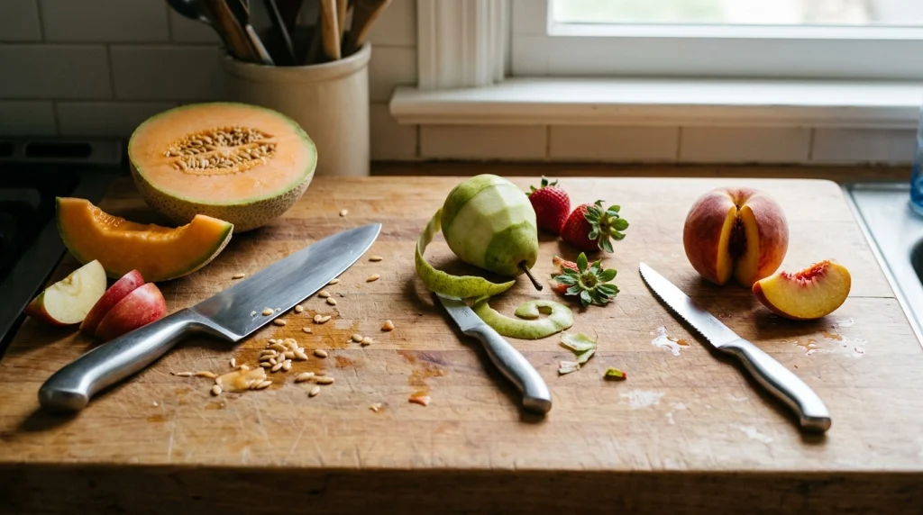 Chef, paring and serrated knives beside melon, apple, pear, strawberry and ripe peach