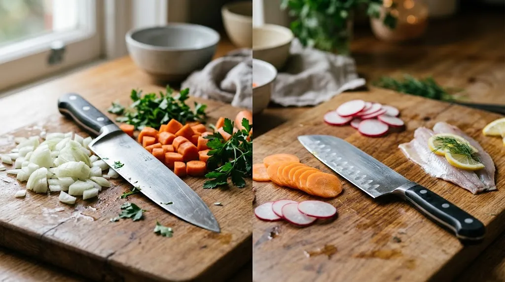 Chef’s knife beside santoku showing curved versus flatter blade profiles for different cutting motions.