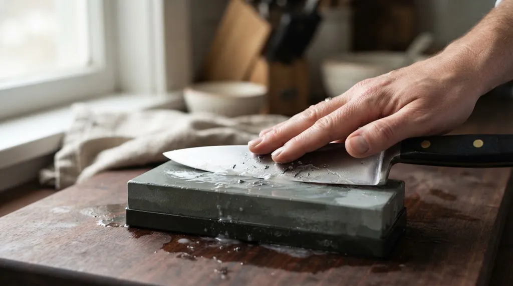 Close-up of hands setting the correct sharpening angle on a whetstone.