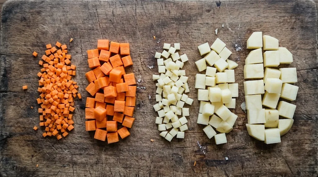 Assorted sizes of neatly diced vegetables on a wooden cutting board