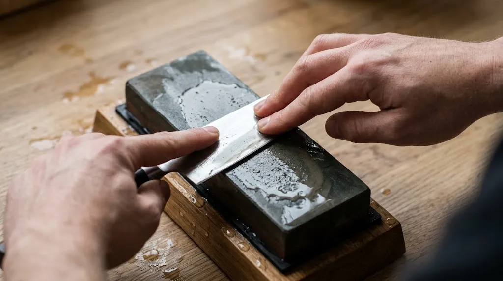 Close-up of sharpening a chef knife on a whetstone.