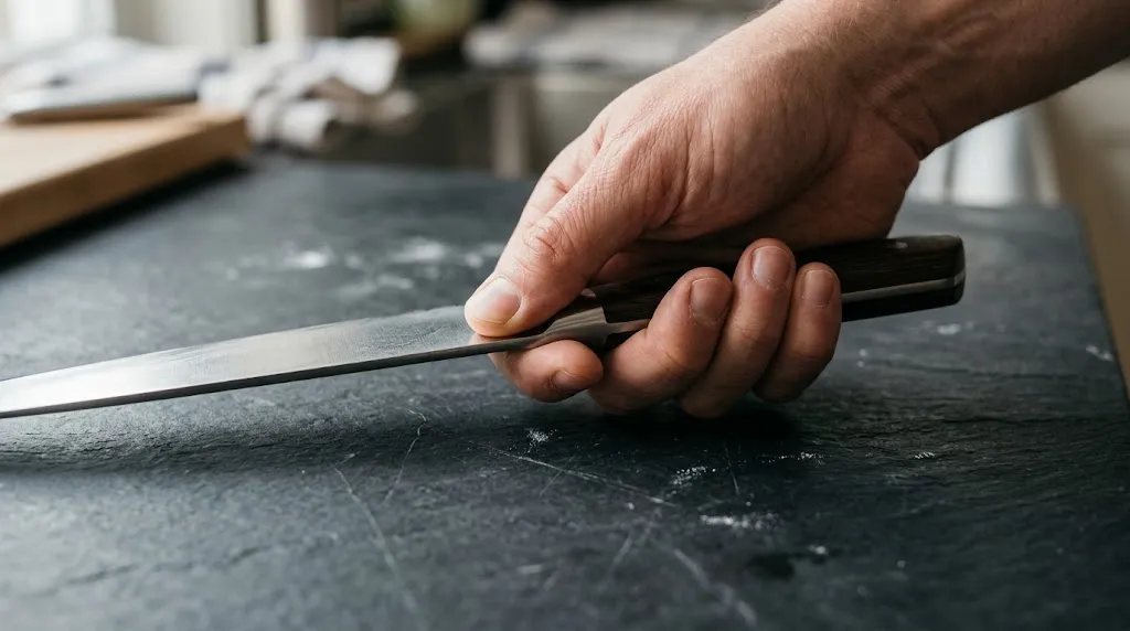 Close-up of chef hand demonstrating the pinch grip on a knife blade.