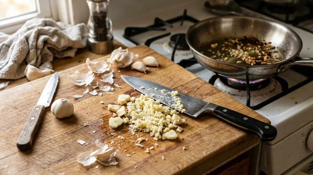 Uneven minced garlic, dull knife, and browned garlic illustrating common chef knife mistakes