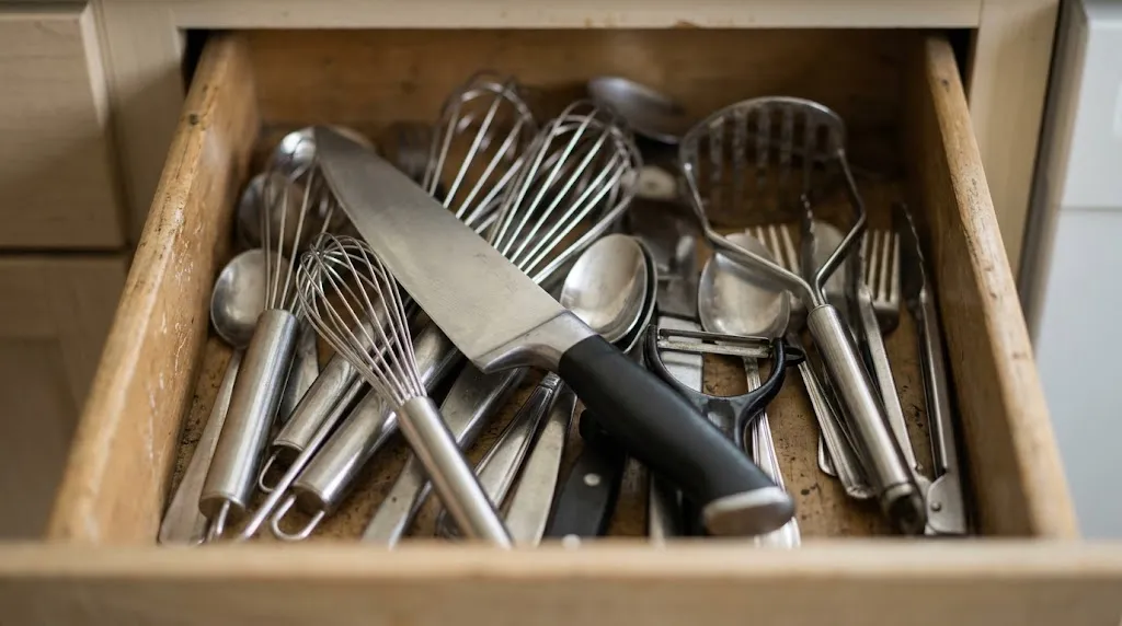 Kitchen knife stored incorrectly rattling inside a utensil drawer.