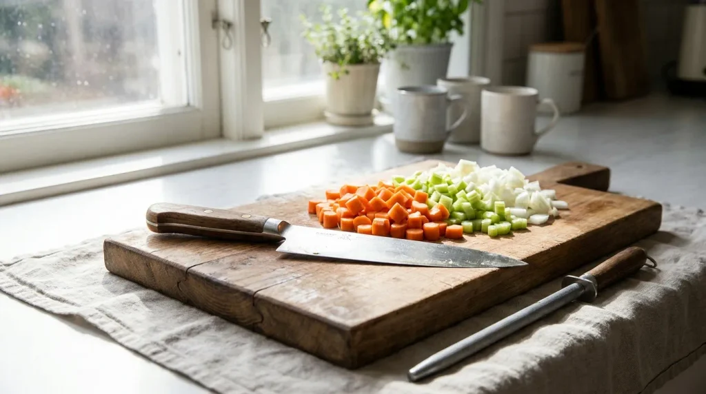 Professional kitchen setup highlighting safe knife handling and maintenance.