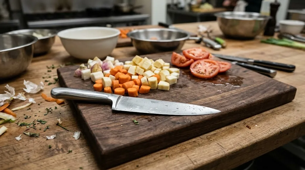 Professional prep station showcasing different knife cutting techniques.
