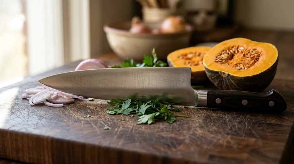 Detailed view of chef knife blade parts and cutting edge zones