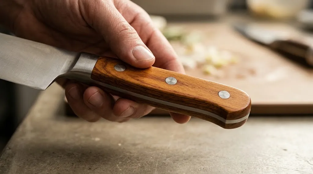 Close-up of a chef inspecting a full tang riveted western knife handle.