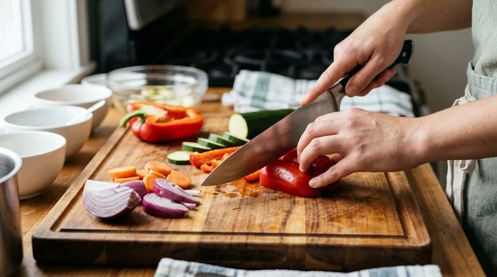 Slicing vegetables with a chef knife on a wooden cutting board.