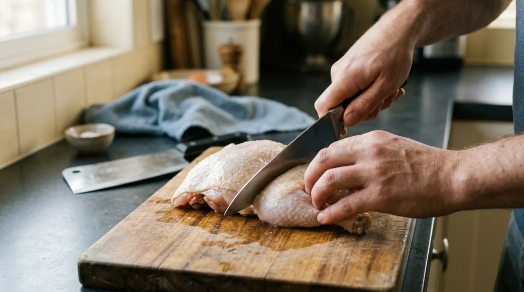 Cook using a chef knife at a chicken joint while a heavy cleaver rests nearby