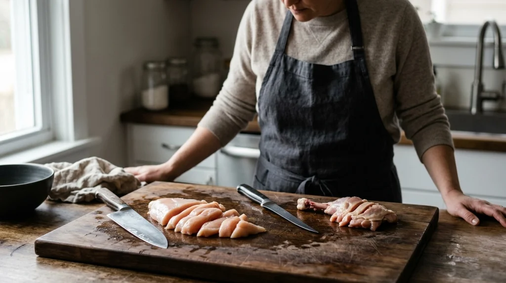 Chef knife and boning knife shown for different chicken preparation needs