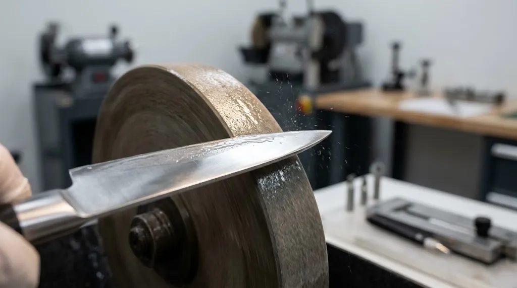 Wet grinding wheel sharpening the bevel edge of a stamped chef knife.