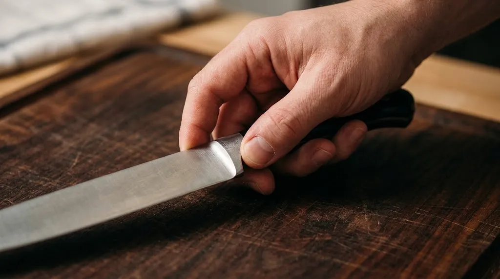 Close up of hands holding a chef knife using the proper pinch grip technique.