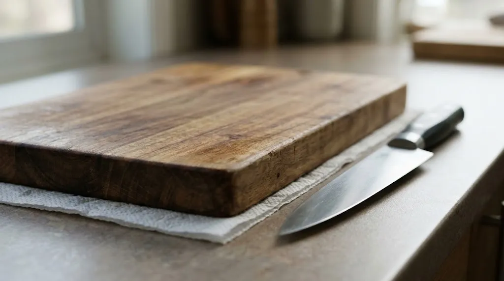 A chef knife and wooden cutting board set up safely on a kitchen counter.