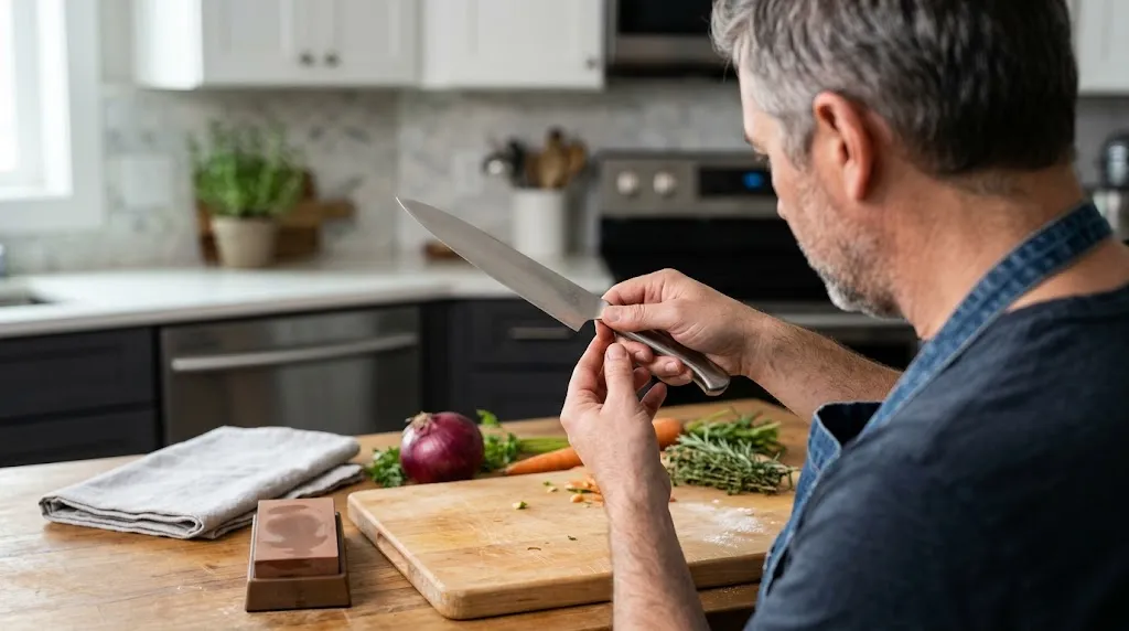Home cook evaluating chef knife geometry, profile, length, grip, maintenance, and construction