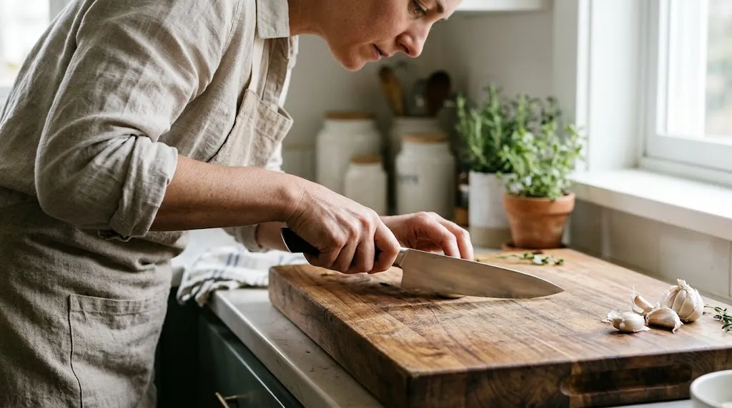 Home cook testing knife balance and handle comfort in a kitchen setting.