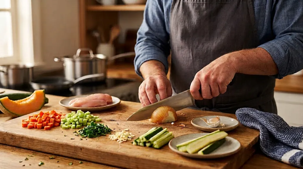 Cook dicing onion with a chef’s knife beside vegetables, herbs, garlic, fruit, and boneless meat.