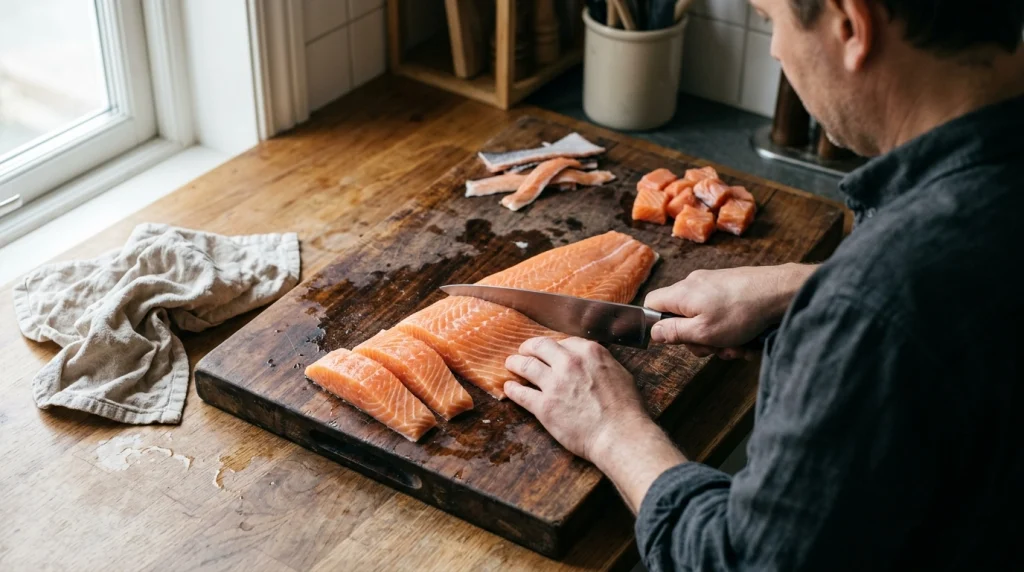 Chef knife cutting a boneless salmon fillet into portions and cubes on a wooden board.