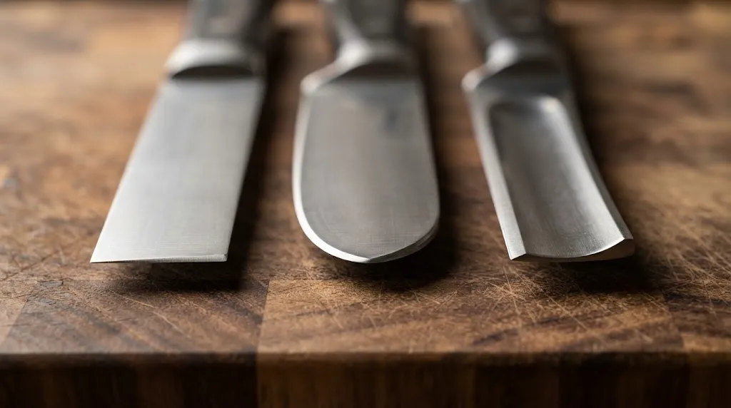 Close-up comparison of flat, convex, and hollow kitchen knife blade grinds on wood.