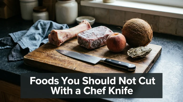 Chef knife beside bones, frozen meat, hard pits, shells, and coconut on a kitchen cutting board