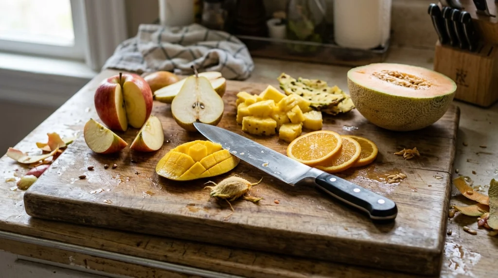 Chef knife beside sliced apple, pear, mango, pineapple, orange and melon on cutting board