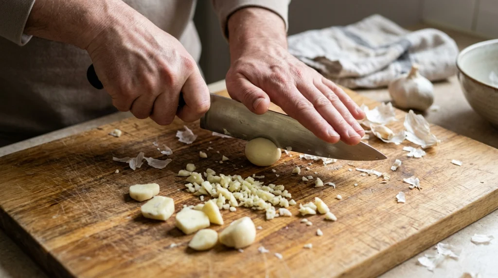 Common mistakes when using a chef knife to mince garlic on a wooden cutting board