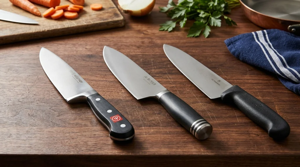 Three chef knives representing German, French, and Swiss designs arranged on a wooden kitchen counter.