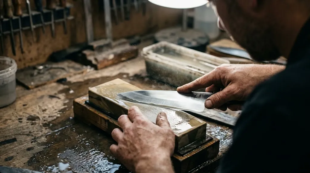 A bladesmith sharpening a finished chef knife on a wet waterstone.