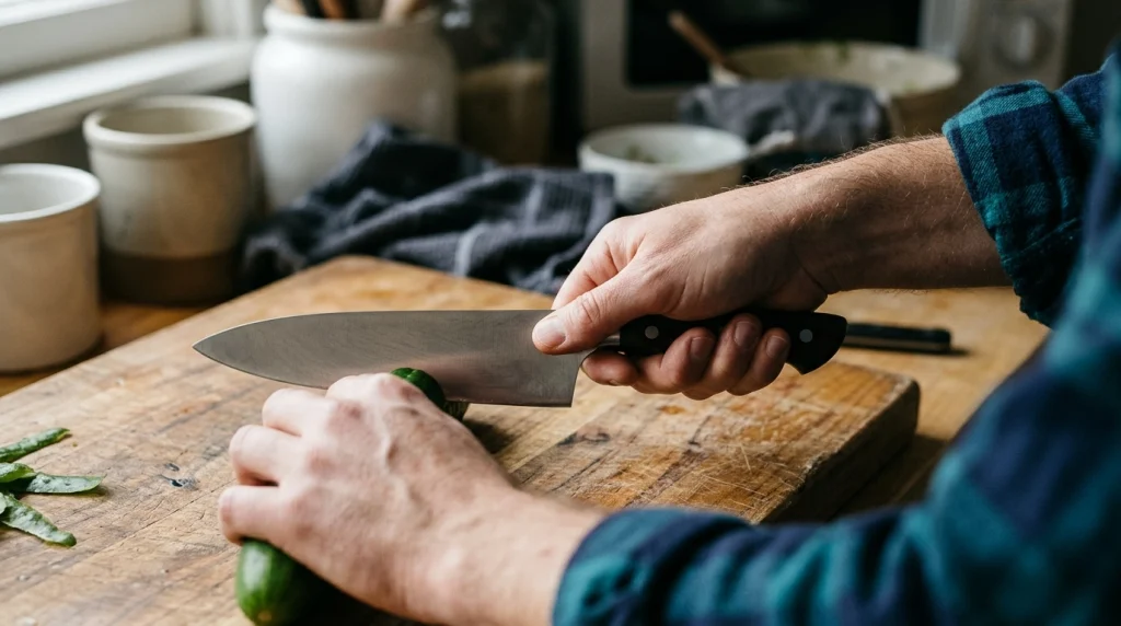 Close-up of a beginner holding a chef’s knife with the correct pinch grip on a wooden cutting board.