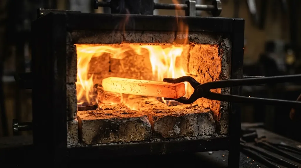 Steel bar heating inside a bright gas forge during the knife forging process.
