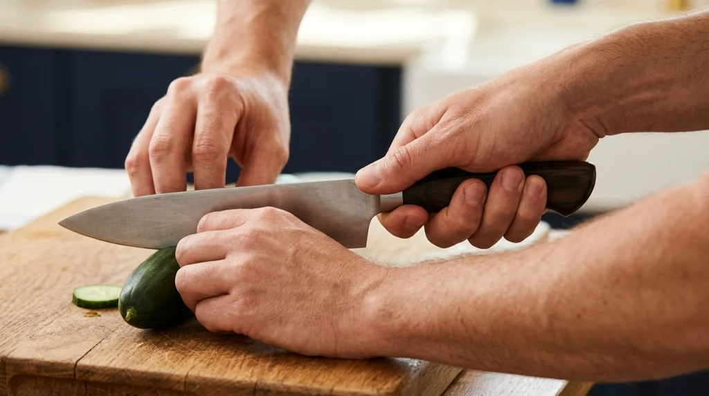 Beginner holding a chef's knife with a pinch grip over a cucumber on a cutting board.
