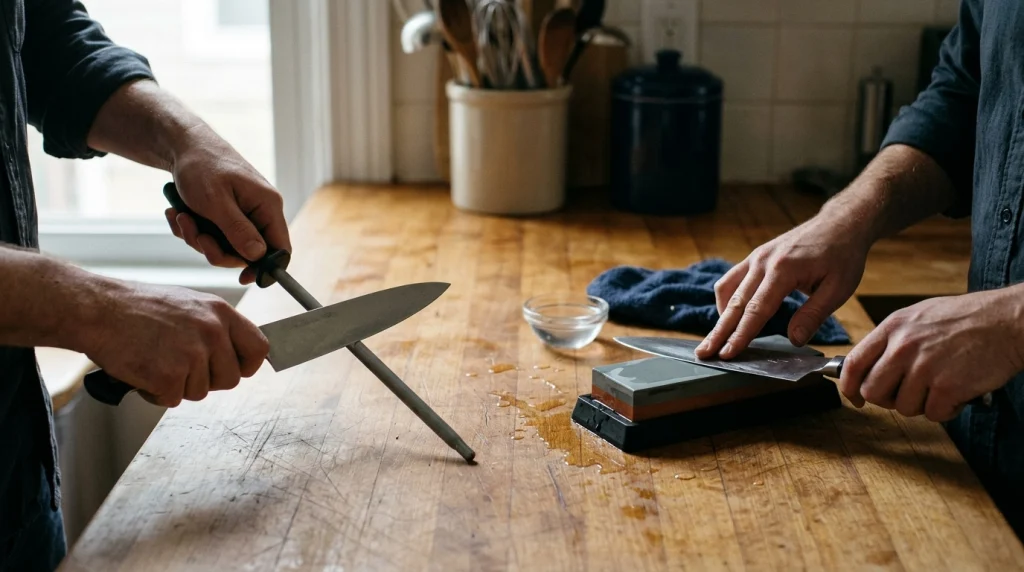 Chef knife honing rod beside a whetstone to illustrate honing versus sharpening.