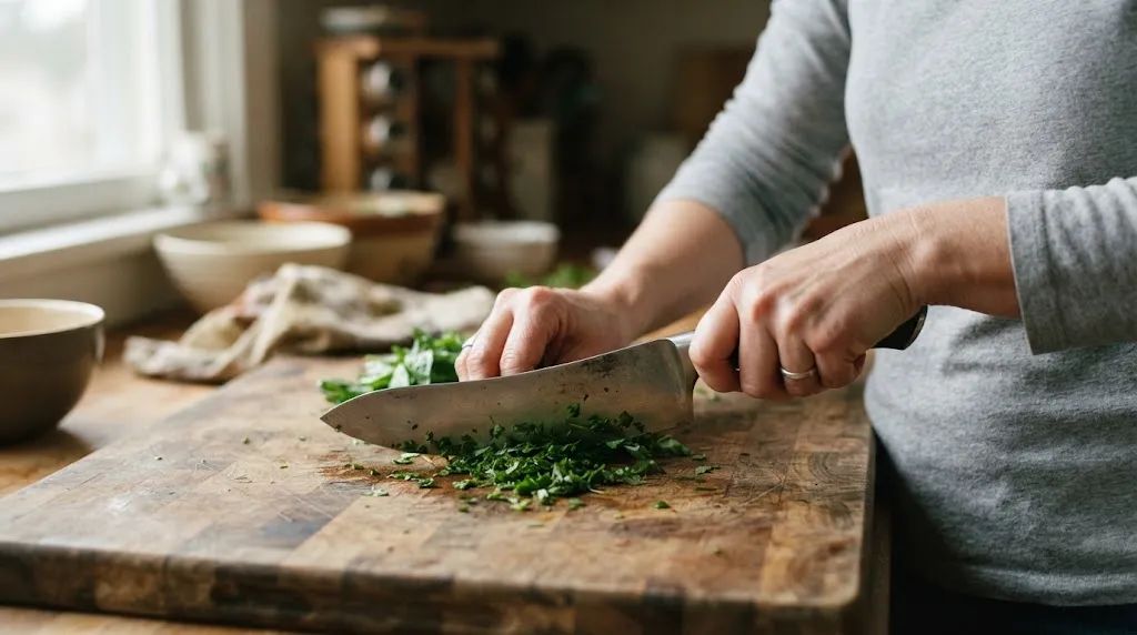 Close-up of a chef knife rocking over herbs on a cutting board.