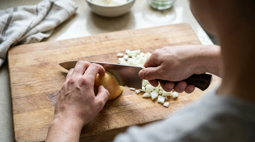 Close-up of a correct pinch grip on a chef knife handle.