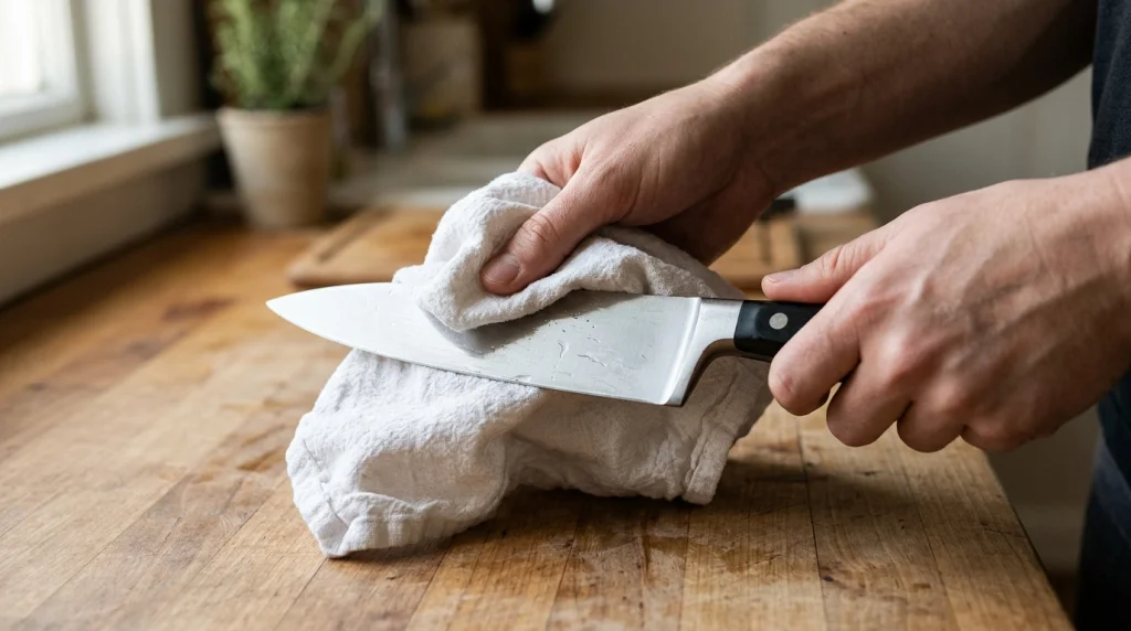 Chef knife being dried with a towel after hand washing to prevent damage.