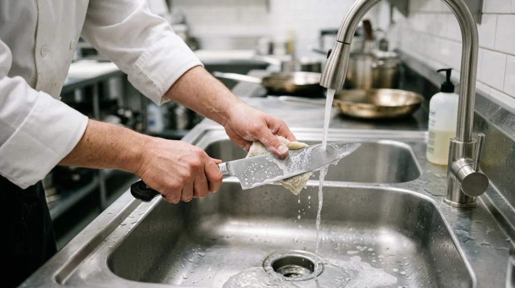 Proper hand washing technique for cleaning and protecting a chef knife blade.