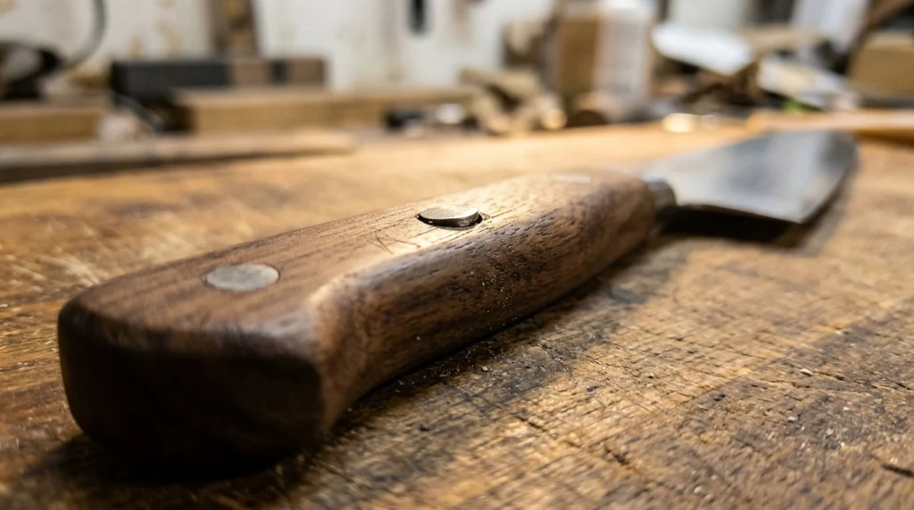 Detailed view of a chef knife handle showing a visible gap and loose rivet.