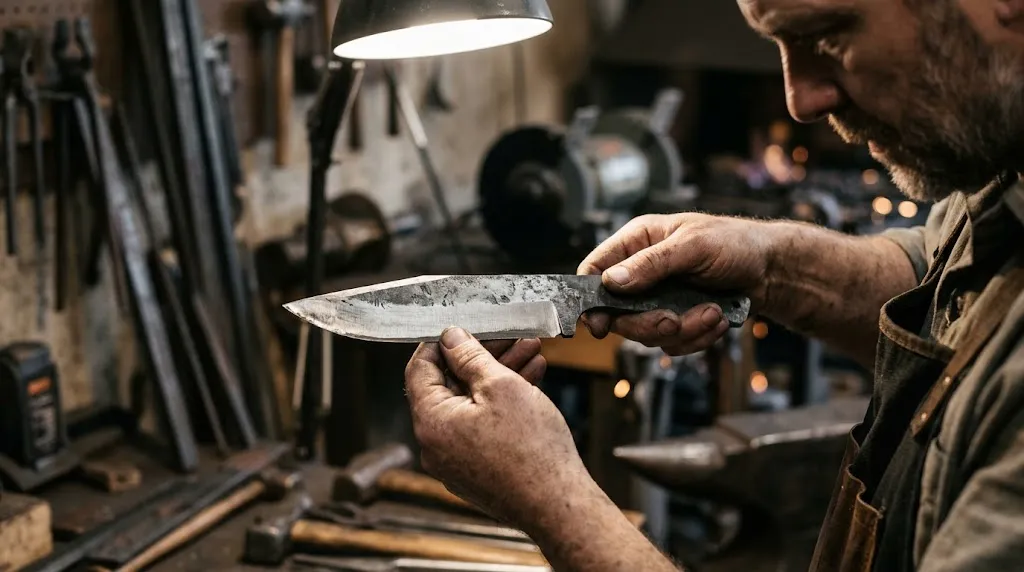 Close-up of a bladesmith examining a three-layer san-mai knife blade in a workshop.