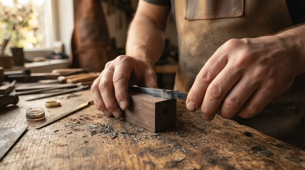 Craftsperson fitting a hidden tang steel blade into a wooden knife handle.