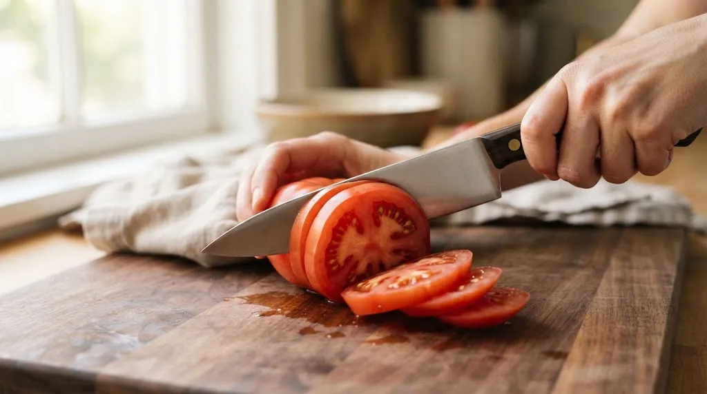 Chef knife cleanly slicing a tomato to test edge sharpness after sharpening.