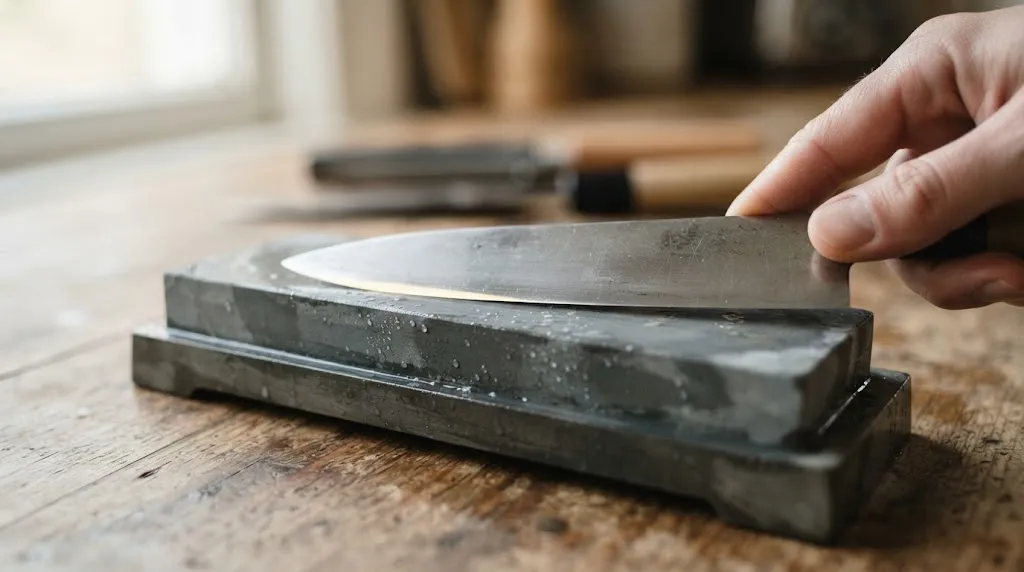 Close-up of a knife blade being sharpened on a wet whetstone.