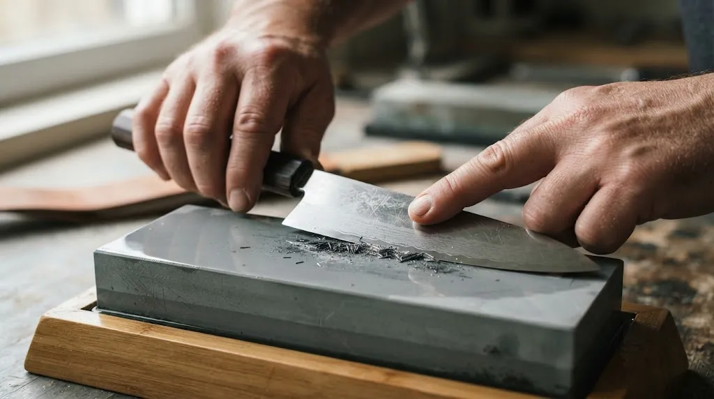 Hands sharpening a chef knife on a waterstone.