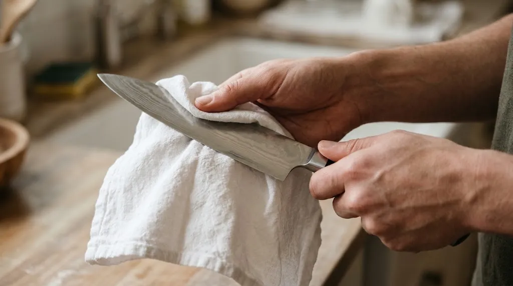 Hands carefully drying a clad kitchen knife with a soft towel after washing.