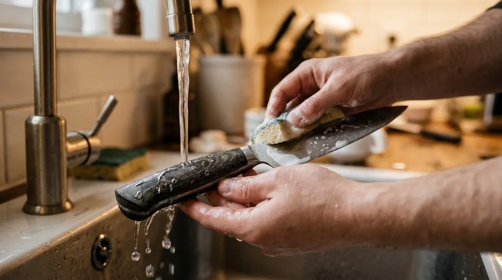 Hands washing a chef knife with warm water and mild soap in a kitchen sink.