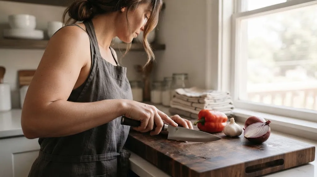 Home cook evaluating cutting style and knife profile in a modern kitchen.