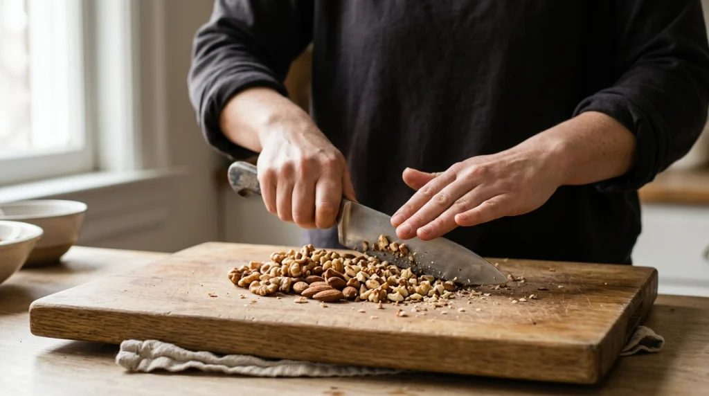 Home cook using a chef knife rocking motion to chop shelled nuts on a stable board