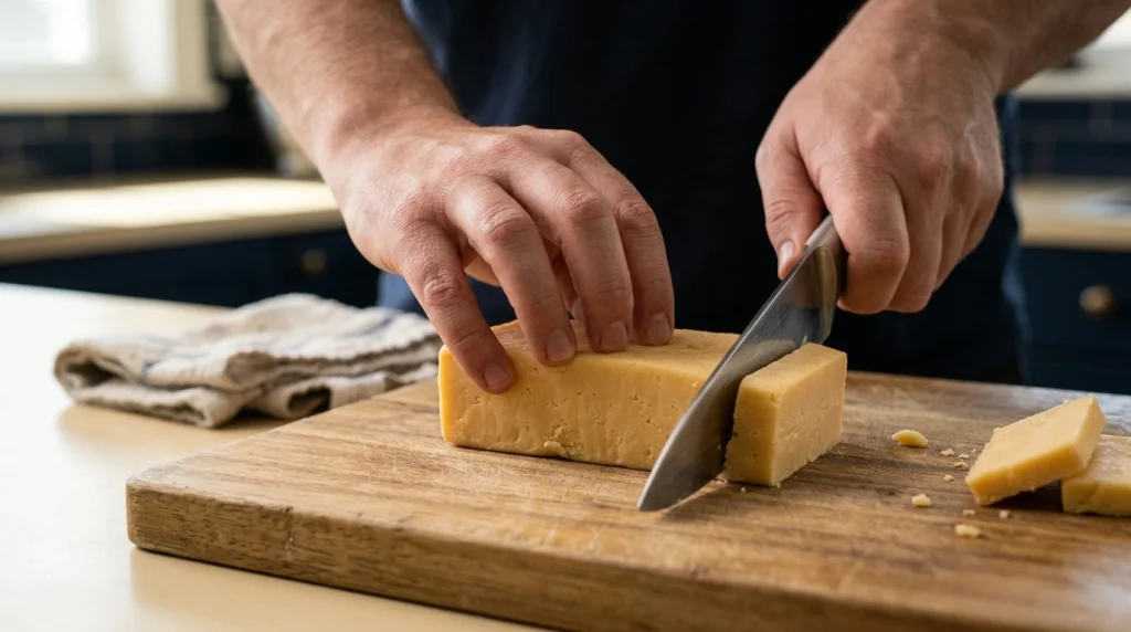 Cook using a chef knife to make controlled cuts through stable firm cheese